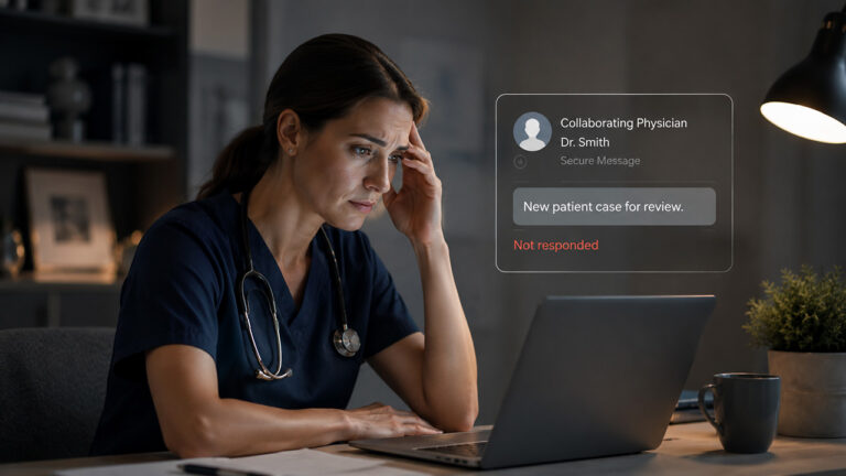 A nurse looking stressed at work